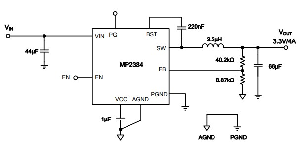 Application Circuit Diagram - Monolithic Power Systems (MPS) MP2384 Synchronous Buck Converters